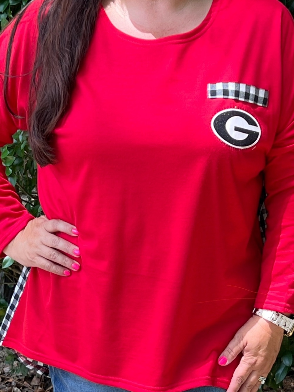 Red Long-Sleeve Women’s Tee with G Patch